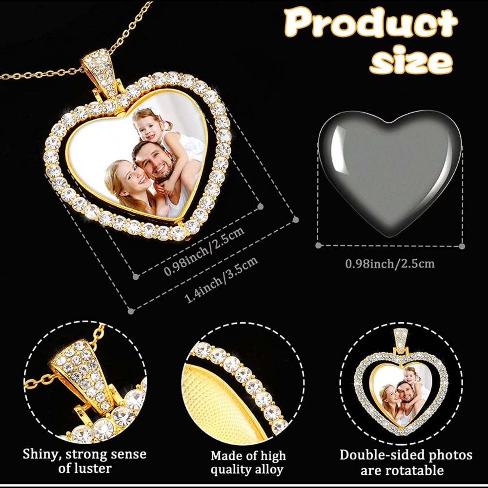 Double sided yellow gold stainless steel hearts memory pendant with ball chain